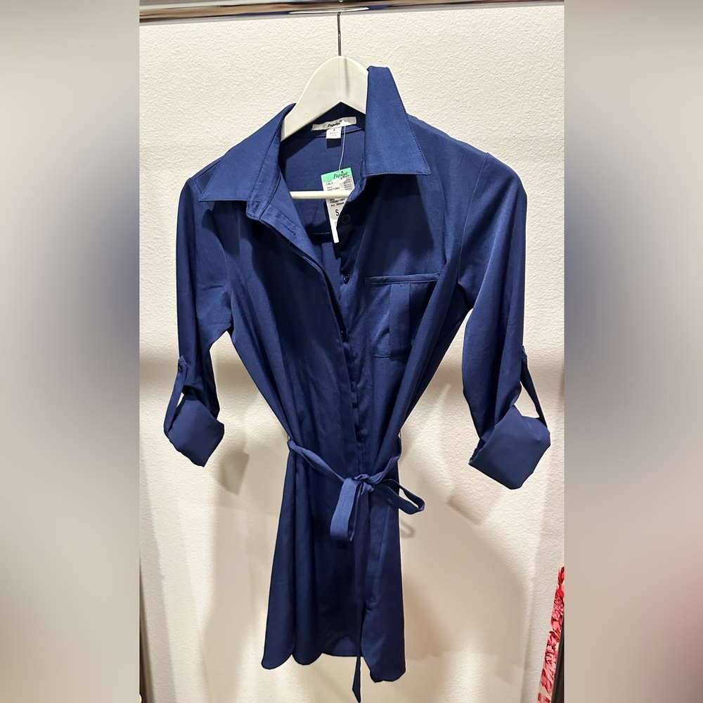 Papaya Blue Shirt Dress with Tie